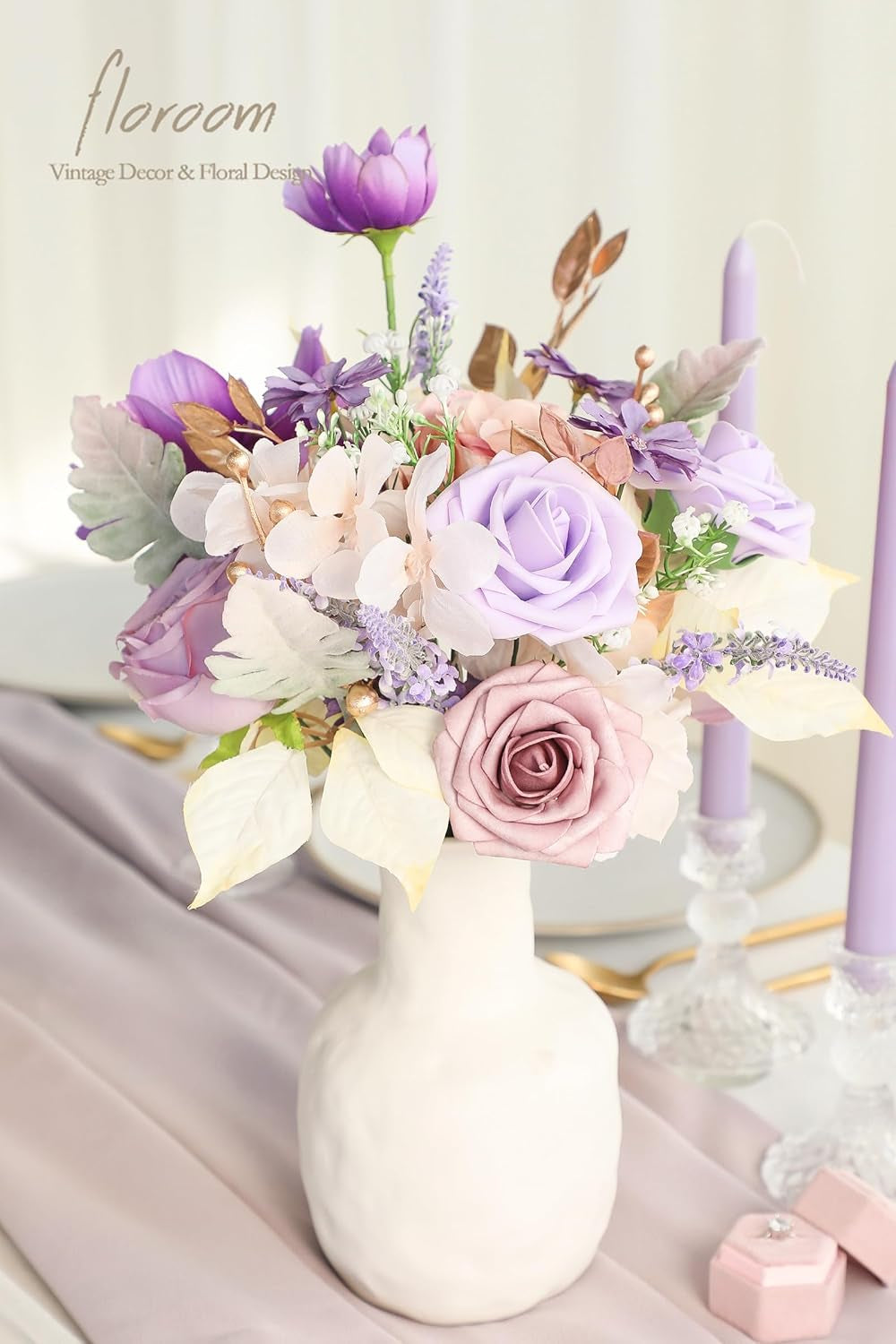 Artificial Greenery Stems Box Set - 45 Pieces of Faux Floral Picks for DIY Bridal Bouquets, Wedding Arrangements, and Table Centerpieces in Lavender and Gold