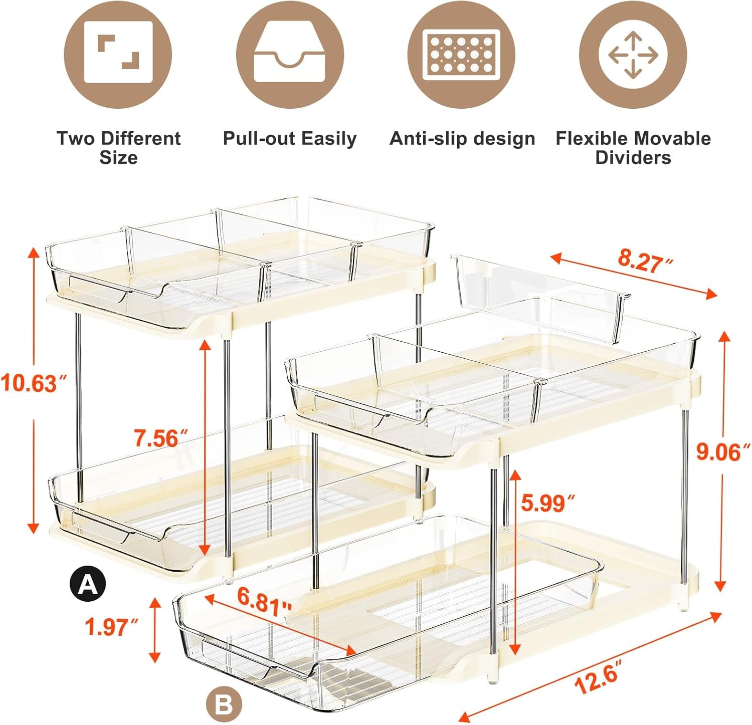 2 Sets of 2-Tier Multi-Purpose Bathroom Cabinet under Sink Organizers and Storage, Stackable Kitchen Pantry Organization and Storage, Beige