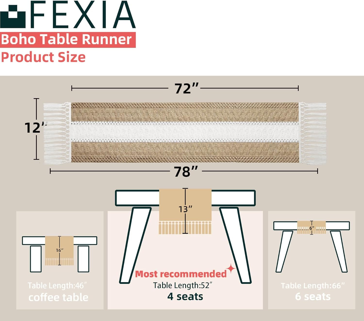 Boho Table Runner for Home Decor with Tassels 72 Inches Long Farmhouse Rustic Brown Macrame Burlap Table Decoration for Living Room Bridal Shower (12X72 Inches)