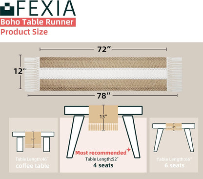 Boho Table Runner for Home Decor with Tassels 72 Inches Long Farmhouse Rustic Brown Macrame Burlap Table Decoration for Living Room Bridal Shower (12X72 Inches)