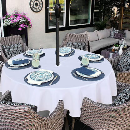 Outdoor and Indoor Table Cover - Washable, Waterproof, Wrinkle-Free Tablecloth with Zipper and Umbrella Hole for Spring/Summer Events, Picnics, BBQs, and Patios - White, 60" Round