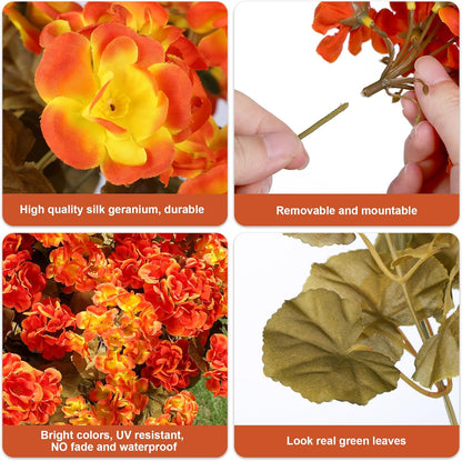 Fake Geraniums Artificial Flowers for Outdoors Fall Autumn Decoration, 6 Bundles Silk Geraniums Look Real Faux Fall Flowers Plants for Front Door Garden Planter Patio Balcony Yard Home Indoor, Mix