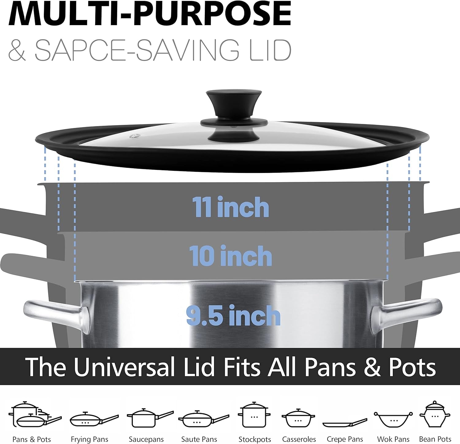 Silicone Universal Lid for Pots, Pans and Skillets - Tempered Glass Covered with Heat Resistant Silicone Rim Fits 9.5", 10" and 11" Diameter Cookware -Easy to Use Replacement Frying Pan Cover