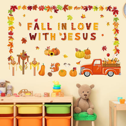 100Pcs Fall in Love with Jesus Bulletin Board Set Fall Christian Decoration Cut-Outs Paper Poster Banner with Fall Tree Leaves Pumpkin Cross Truck Patterned for Religious Church Classroom Decor