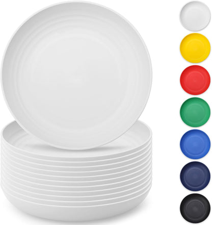 Set of 12 Durable 9-Inch White Plastic Plates - Reusable Unbreakable Dinnerware for Home, Kids, and Outdoor Activities