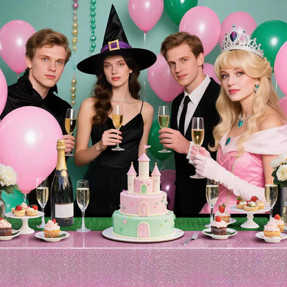 2-Pack Iridescent Green and Pale Pink Holographic Tablecloths 40x108" - Shiny Plastic Table Covers for Celebrations, Baby Showers, Birthdays, Weddings, Anniversaries, Bachelorette Parties, and Holiday Events