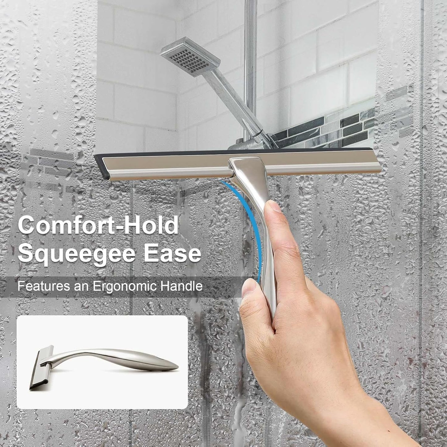 All-Purpose Shower Squeegee for Shower Doors, Bathroom, Window, Glass and Car Windshield, Includes Suction Hook & Adhesive Hook, 18/8 Stainless Steel, 12", Silver