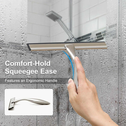 All-Purpose Shower Squeegee for Shower Doors, Bathroom, Window, Glass and Car Windshield, Includes Suction Hook & Adhesive Hook, 18/8 Stainless Steel, 12", Silver