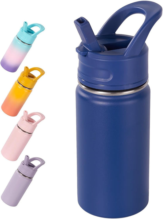 12Oz Kids Water Bottle for School, Toddler Water Bottles with Straws, Insulated Water Bottles for Boys&Girls, Stainless Steel Vacuum Insulated Bottle for Kids, Leak-Proof, Bpa-Free, Blue