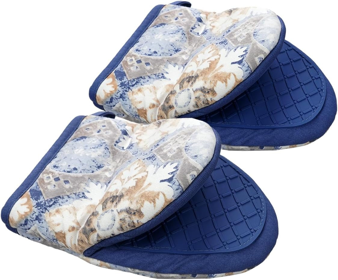 Mini Silicone Oven Mitts, Heat and Slip Resistant Kitchen Mittens 2-Pack Set, Vintage Carpet Flower Short Soft Oven Gloves, Flexible Thick Pot Holders for Safe Cooking Baking and (Dusty Blue)