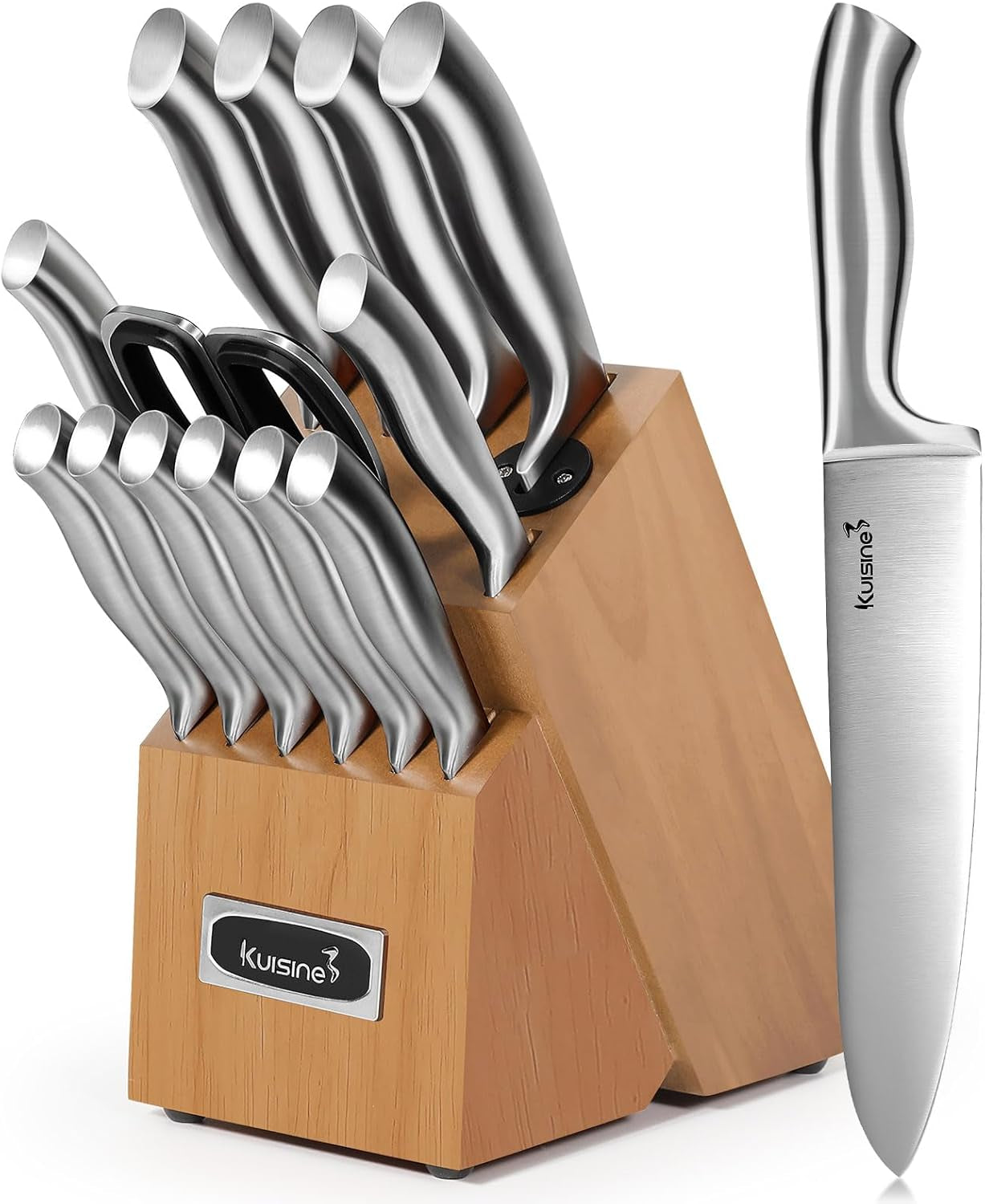Premium Sharp Knife Set,High Carbon Stainless Steel Sharper Blade Ergonomic Non-Slip Handle,Kitchen Block Knife Set Chef Knife Block Set with Built-In Sharpener(Acacia, 15PCS)