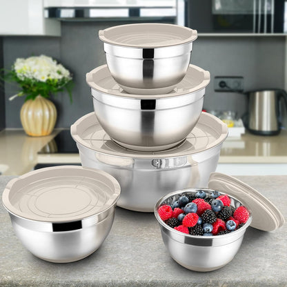 Mixing Bowls with Lids Set of 5, Stainless Steel Nesting Salad Bowl with Lid & Base for Non-Slip Mixing Prepping Storing Serving, 5 Sizes-7/3.5/2.5/1.5/1 QT, Khaki