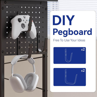 64 Inch L Shaped Gaming Desk with Power Outlets and Led Lights, Large Corner Computer Desk with Monitor Stand and Pegboard, PC Table for Home Office and Bedroom White