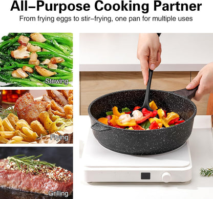 Nonstick Deep Frying Pan with Lid, 12 Inch Large Skillet, 5 Qt Non Stick Saute Pan for Cooking, Healthy Induction Cookware, PFOA Free