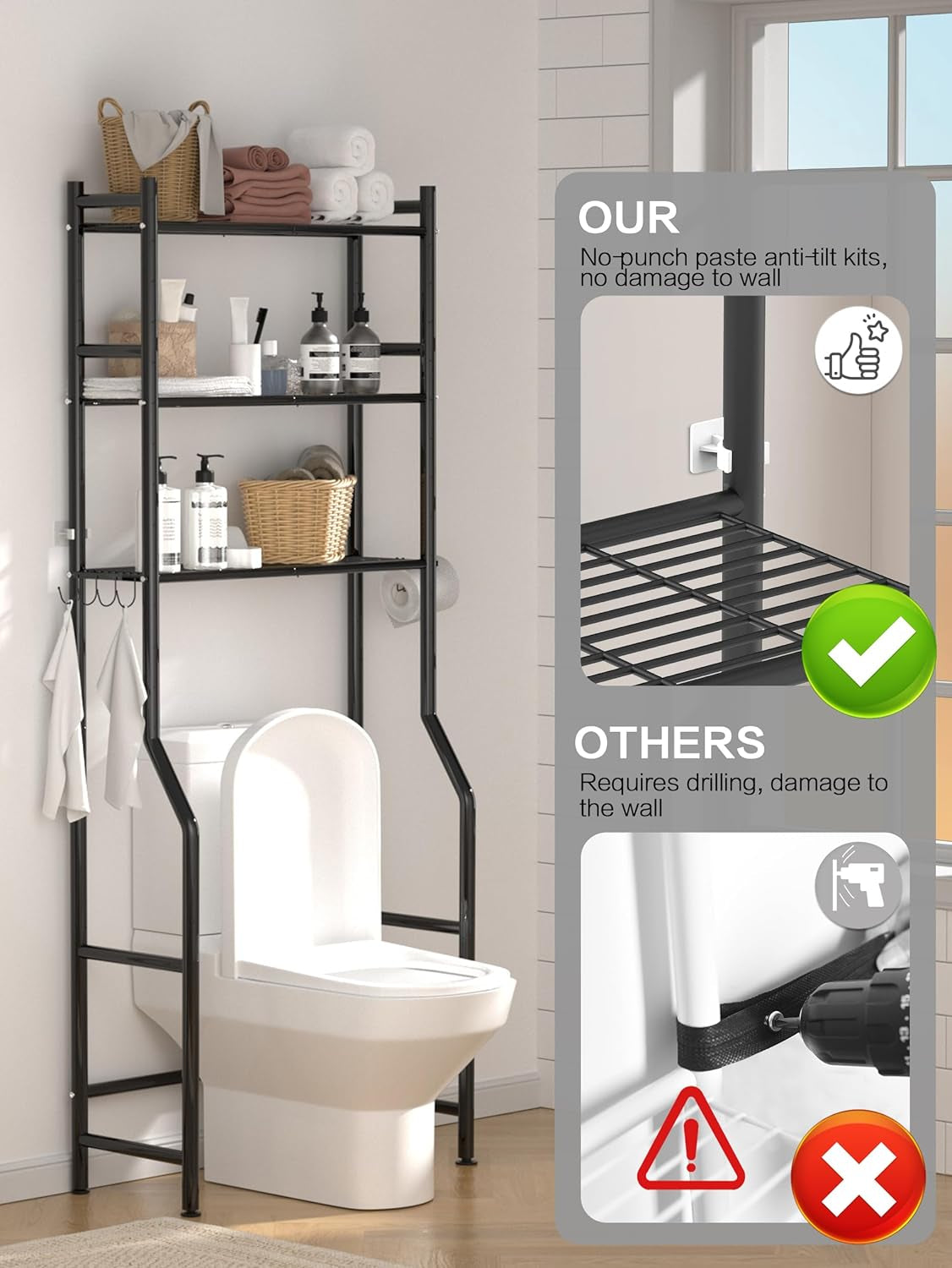 3-Tier Over-the-Toilet Storage Shelves, Freestanding Metal Bathroom Organizer with 4 Hooks, Black