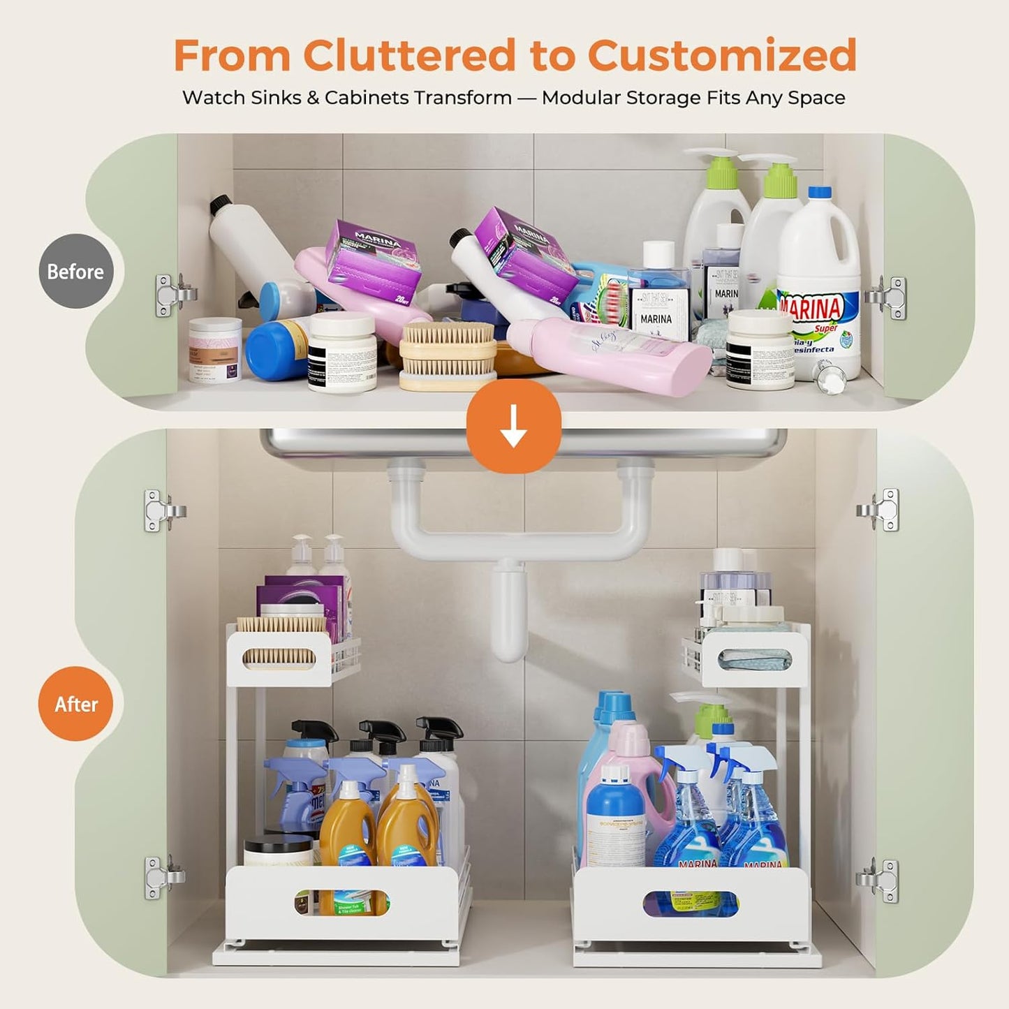 2 Pack Metal under Sink Organizers and Storage, 2 Tier Pull Out under Cabinet Organizer for Kitchen Bathroom, Adjustable under Sink Shelf for under Counter Storage Organizer, White