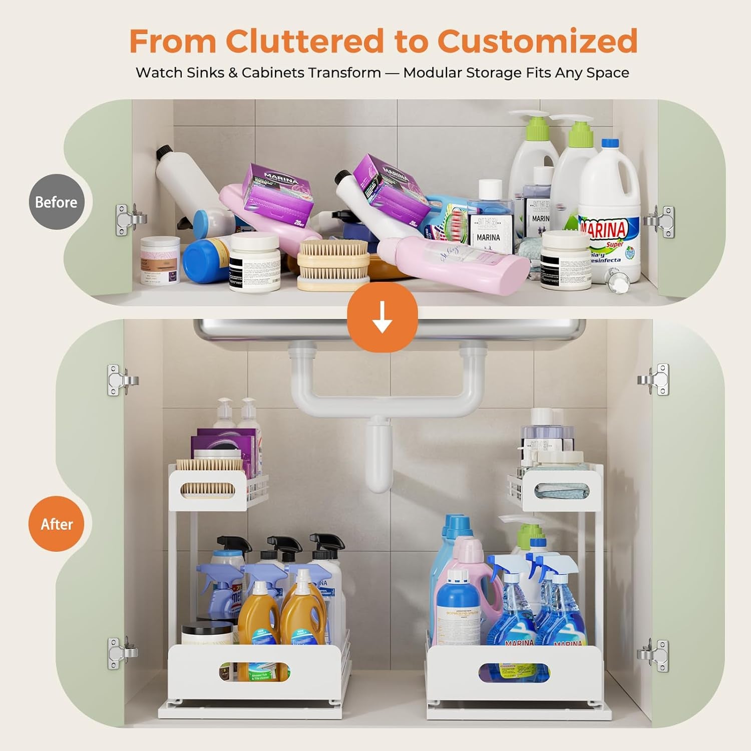 2 Pack Metal under Sink Organizers and Storage, 2 Tier Pull Out under Cabinet Organizer for Kitchen Bathroom, Adjustable under Sink Shelf for under Counter Storage Organizer, White