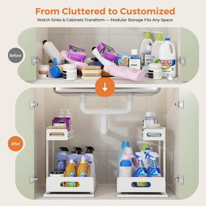 2 Pack Metal under Sink Organizers and Storage, 2 Tier Pull Out under Cabinet Organizer for Kitchen Bathroom, Adjustable under Sink Shelf for under Counter Storage Organizer, White