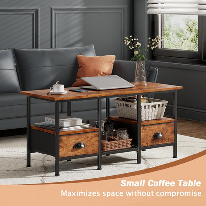 35" Coffee Table with 2 Storage Drawers, Small Coffee Tables for Living Room, Industrial Center Table with 2 Tier Storage Shelf, Rustic Brown