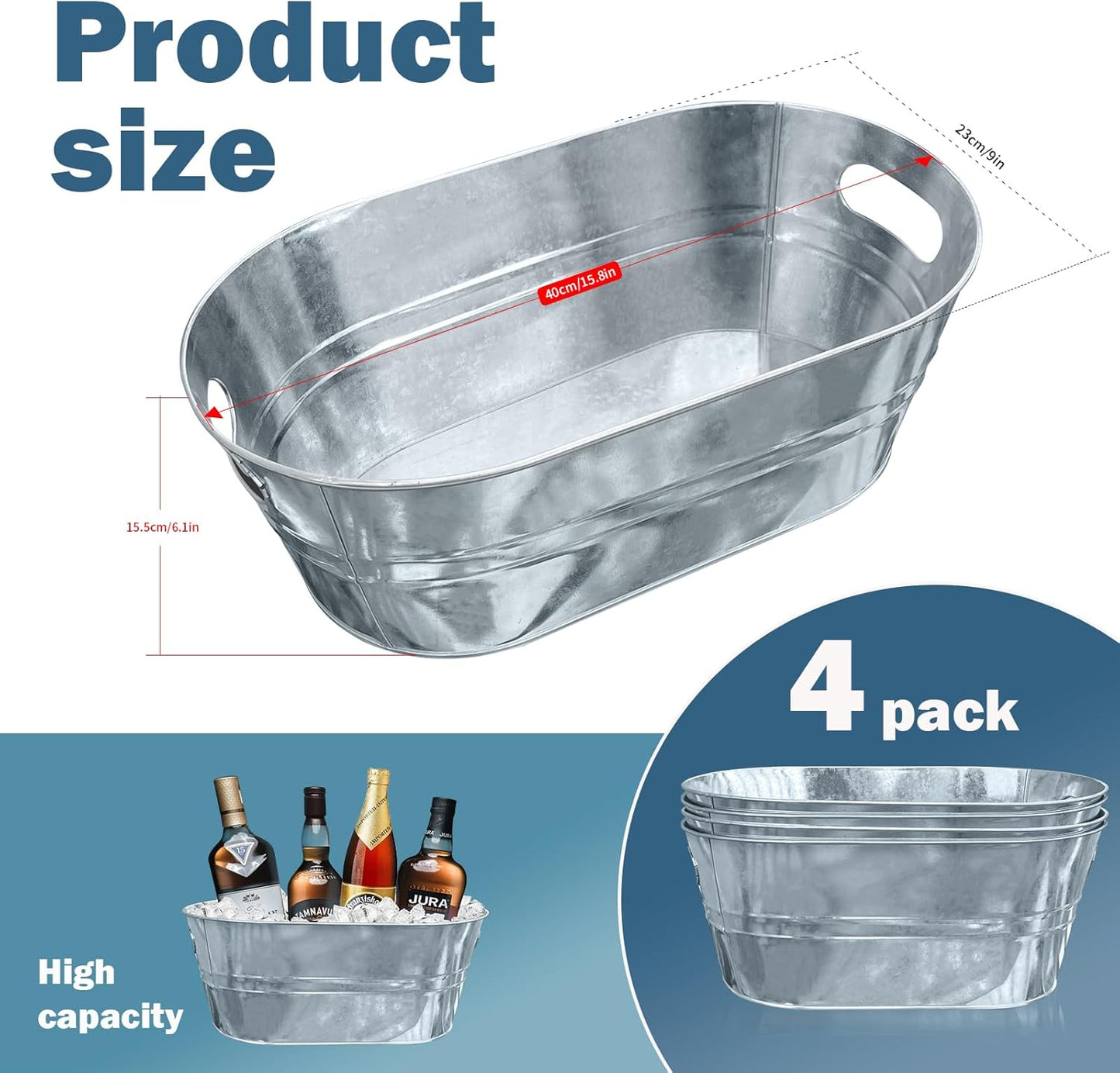 4PCS 4 Gallon Galvanized Tub Champagne Bucketwith Carry Beer Drink Storage Cooler Metal Beverage Ice Tub Galvanized Ice Buckets for Parties and Cocktail Bar Mimosa Bsupplies