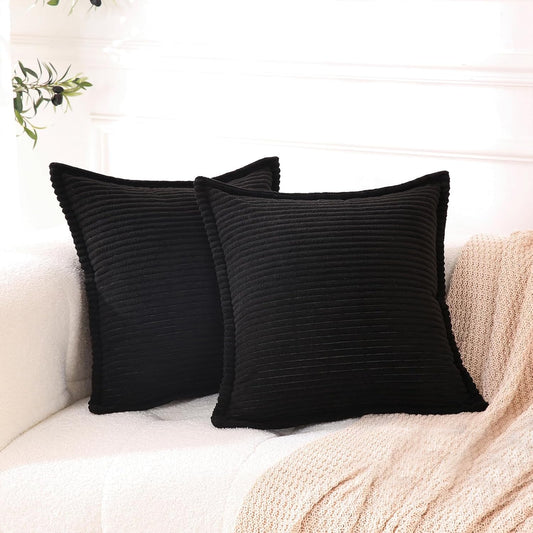 Corduroy Black Throw Pillow Covers Set of 2 Striped Boho Decorative with Edge Design,Super Soft Throw Pillow Cushion Covers for Couch Sofa Living Room Solid Square 18×18Inch/45Cm×45Cm