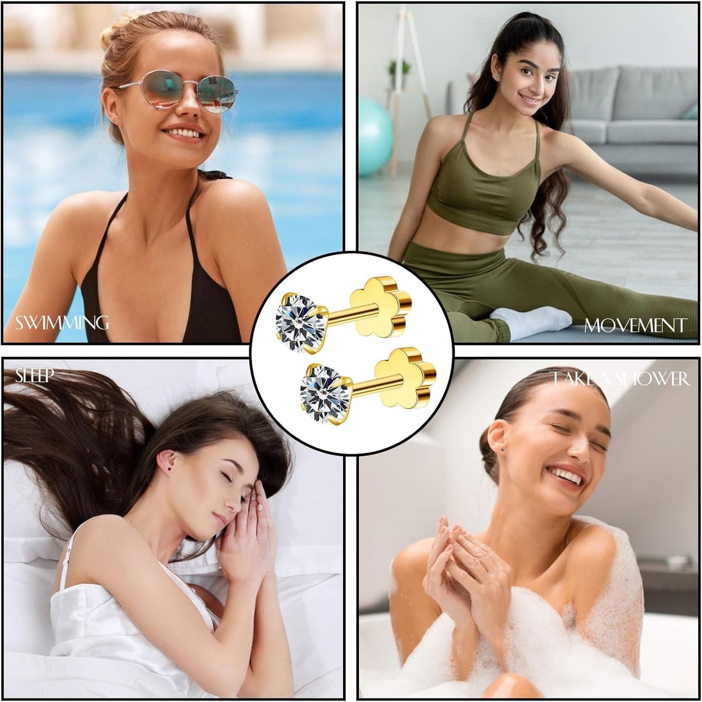 3Mm G23 Flower Flat Back Earrings Hypoallergenic Screw Back Stud Earrings Cubic Zirconia Earrings Helix Cartilage Earrings for Women