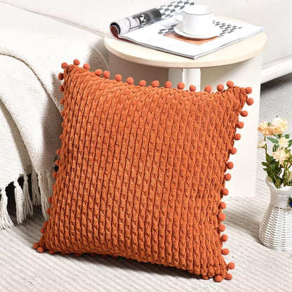 Set of 2 Rust Decorative Throw Pillow Covers 18X18 Inch with Pom-Poms for Couch Bed Sofa, Modern Farmhouse Boho Home Decor, Soft Plush Corduroy Terracotta Cushion Case 45X45 Cm