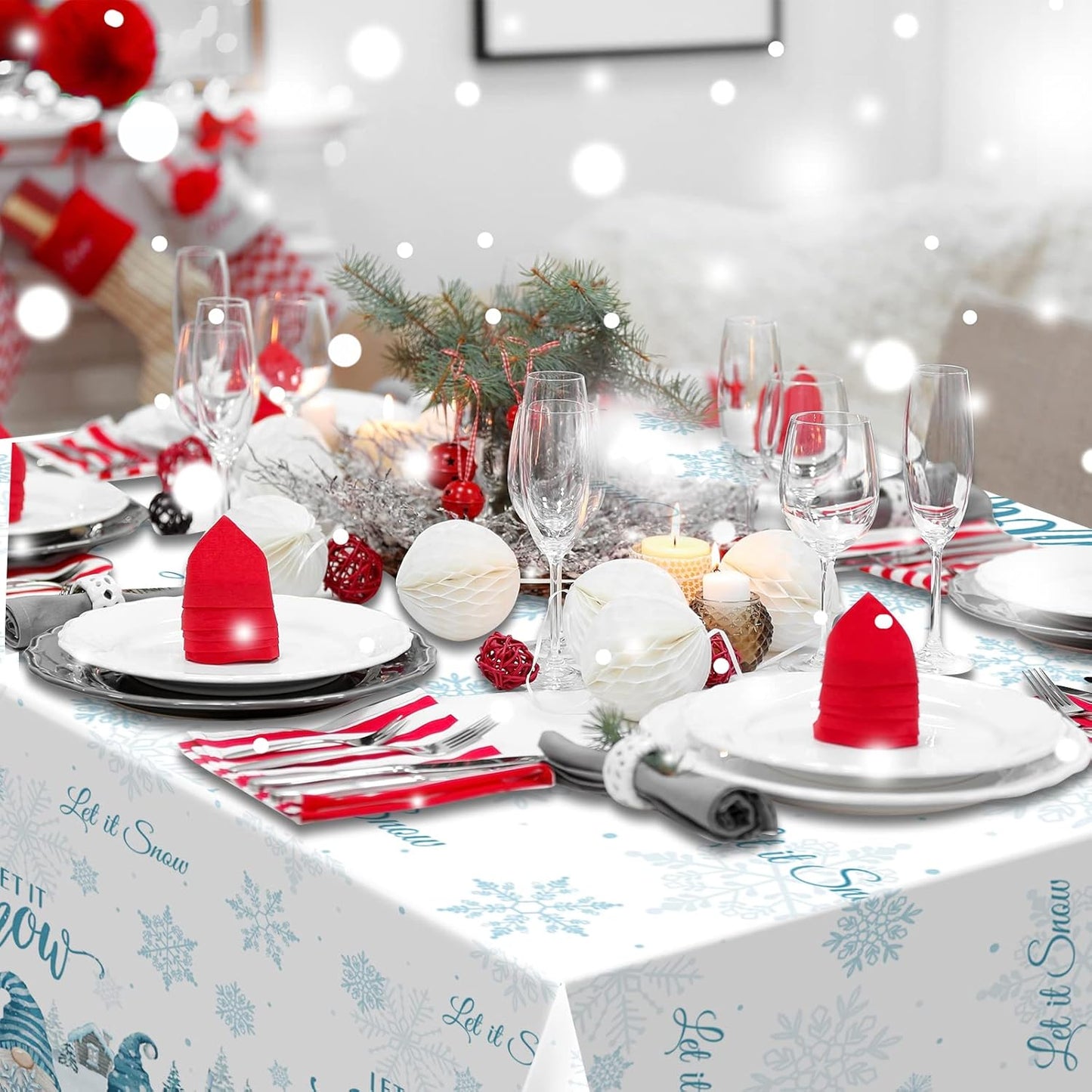 1 Pcs Christmas Winter Gnome Tablecloth, Plastic Disposable Christmas Let It Snow Snowflake Xmas Tree Ice Blue Table Cover for Xmas Winter Holiday Themed Party Decorations and Supplies, 54 X 108 Inch