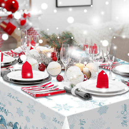 1 Pcs Christmas Winter Gnome Tablecloth, Plastic Disposable Christmas Let It Snow Snowflake Xmas Tree Ice Blue Table Cover for Xmas Winter Holiday Themed Party Decorations and Supplies, 54 X 108 Inch