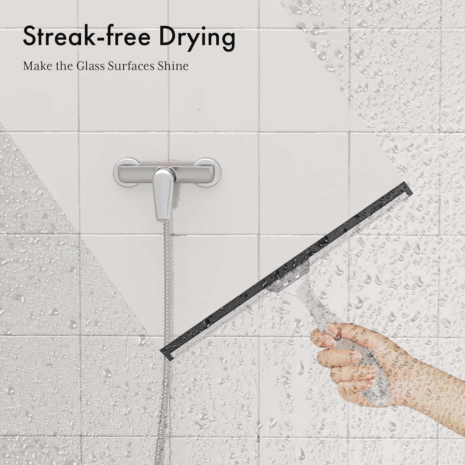 Shower Squeegee for Glass Doors, All-Purpose Squeegee with Suction Hook & Adhesive Hook, Clear Squeegee for Shower Glass, Windows, Mirrors, Tiles and Car Windows - 10 Inches, Clear