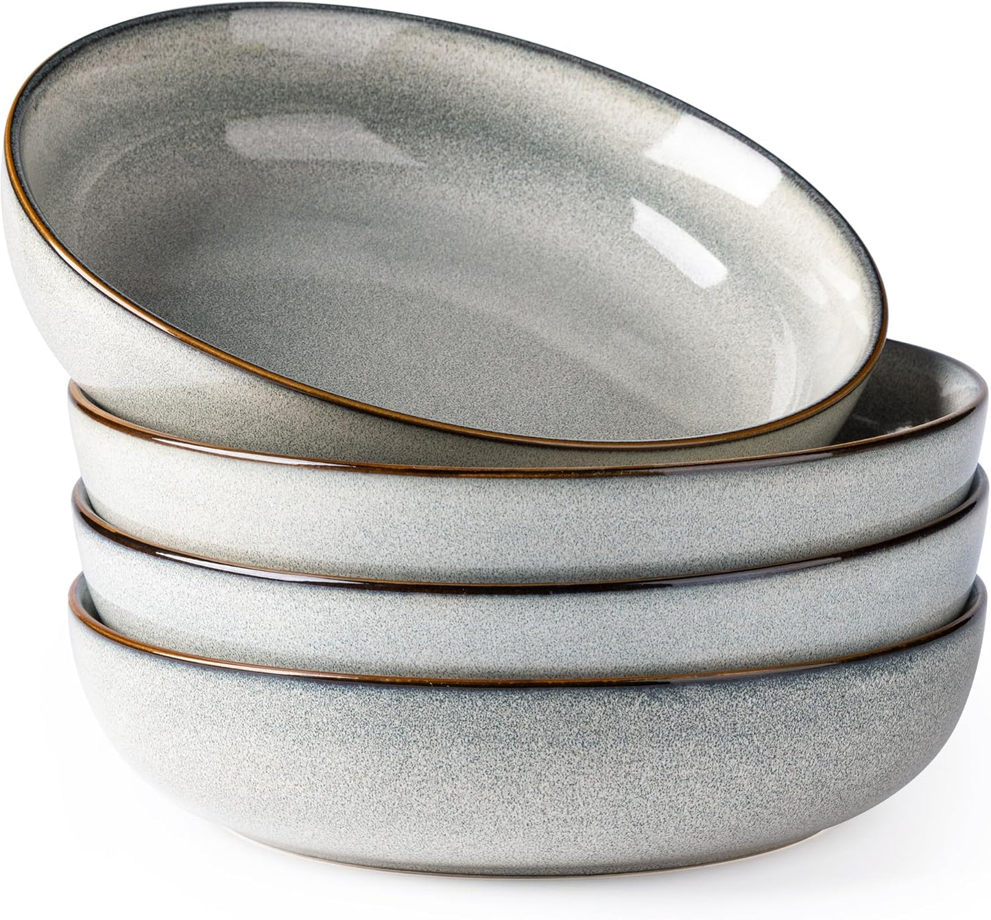 Large 9-Inch Ceramic Pasta Bowls Set of 4, 38oz Stoneware Serving Bowls for Kitchen, Versatile Wide Bowls for Fruit, Pasta, Salad, Oatmeal, Microwave Safe with Reactive Glaze in Green Wheat