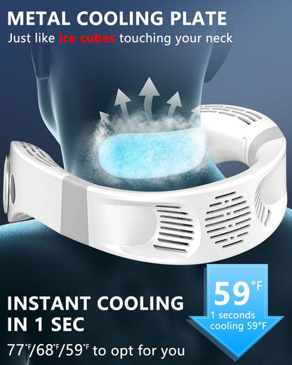 Neck Fans That Blow Cold Air Rechargeable,Neck Fan Air Conditioner Personal Cooling Device,Portable Battery Powered Silent Headphones round Leafless Necklace AC Fan for Women Men Adults Kids White