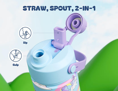 12 Oz Kids Stainless Steel Water Bottle: 2-In-1 Straw Spout Lid, Leakproof, Bpa-Free, Easy Clean, Keep Cold 24H, Insulated Cup with Carrier Bag for School, Travel, Playtime, Gift (Dreamy Unicorn)