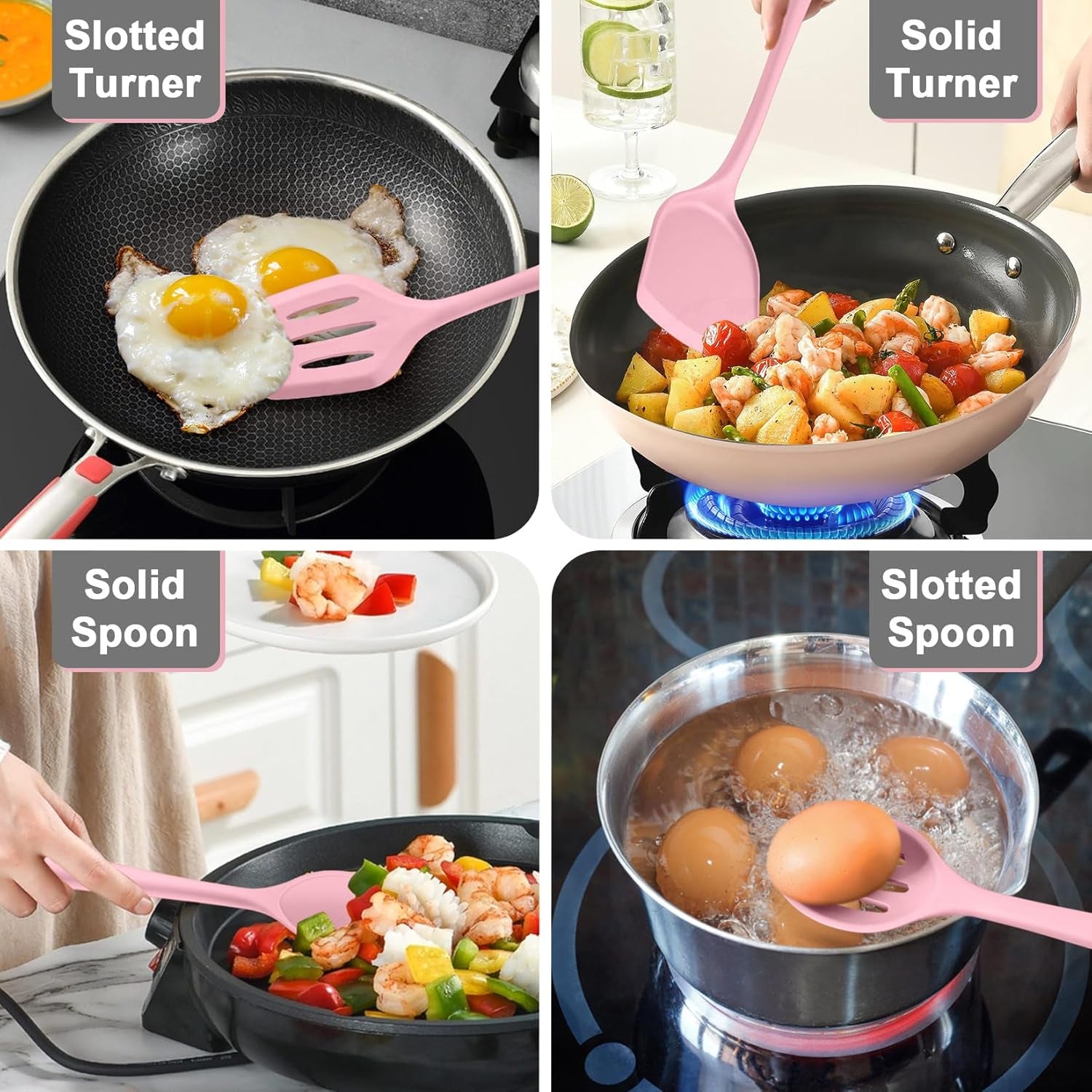 Kitchen Utensil Set, 4 Pieces Non-Stick Silicone Cooking Utensils, Heat-Resistant Slotted Solid Spoon Turner for Frying, Mixing, Serving, Non-Toxic & Easy to Clean, Pink