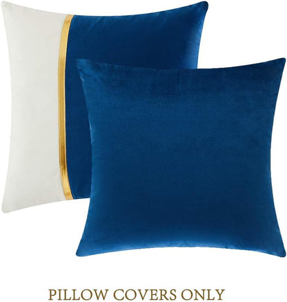 4 Packs Blue Decorative Throw Pillow Covers 16X16 Inch for Living Room Couch Bed, Royal Blue and White Velvet Patchwork with Gold Leather, Luxury Home Decor Square Cushion Case 40X40 Cm