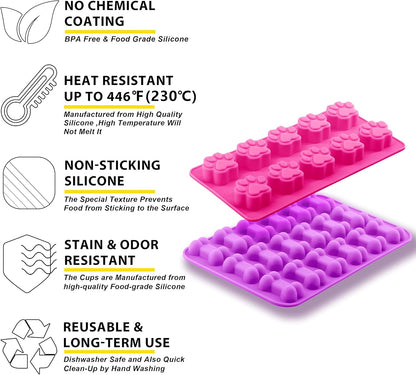 Reusable Silicone Molds with Puppy Dog Paw and Bone Shaped, Flexible & Non-Stick Ice Cube Tray, Candy and Chocolate Making Mold for Homemade Baking Dog Treats, Jelly, Biscuit & Cupcake (2 Pack)