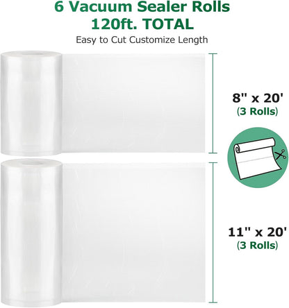 Vacuum Sealer Bags Food Rolls 6 Packs - 8" X 20' & 11" X 20', Commercial Grade Seal a Meal Bags for Storage Food and Sous Vide, BPA Free, Customized Size for Vacuum Sealer
