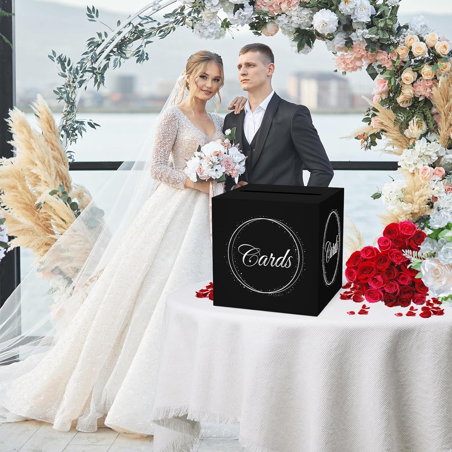 Black Silver Card Box with Gold Foil Design, Gift Cards Receiving Box for Graduations, Birthdays Party, Wedding Receptions, Bridal & Baby Showers, Retirements, Anniversaries