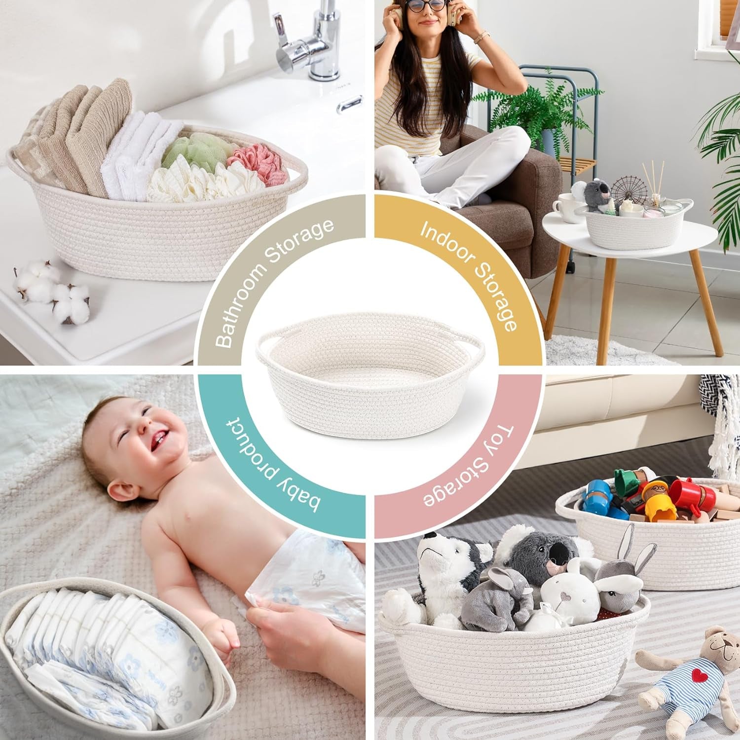 Small Woven Basket with Gift Bags and Ribbons, Empty Decorative Gift Chest Box, Cute Baby Gift Basket for Nursery, Cotton Rope Room Shelf Storage Basket with Handles, 12"X 8"X 5",White