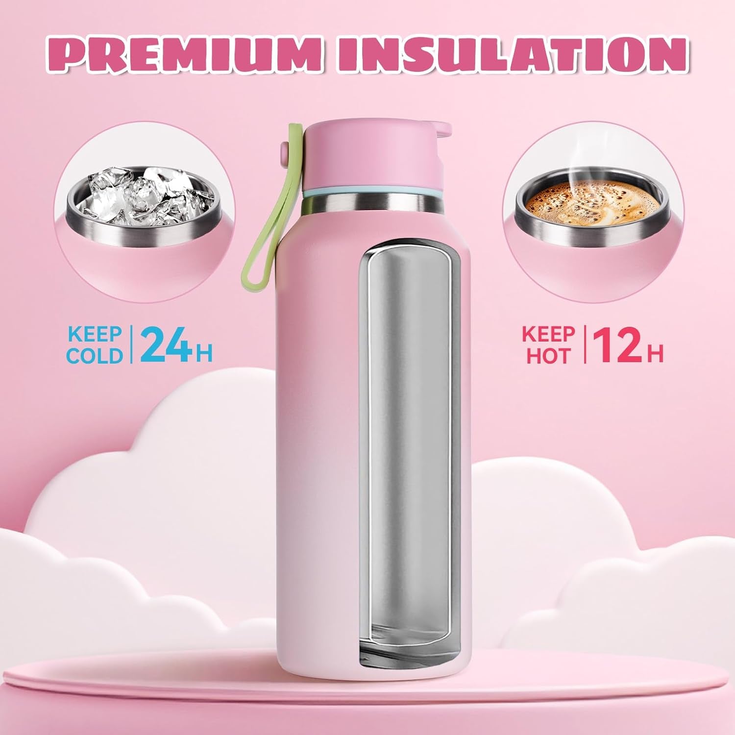 12Oz Toddler Cup, Insulated Kids Water Bottle for School Boys&Girls, 304 Stainless Steel Sport Water Bottle with Straws, Bpa-Free, Gradient Pink