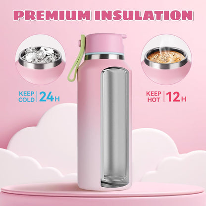 12Oz Toddler Cup, Insulated Kids Water Bottle for School Boys&Girls, 304 Stainless Steel Sport Water Bottle with Straws, Bpa-Free, Gradient Pink