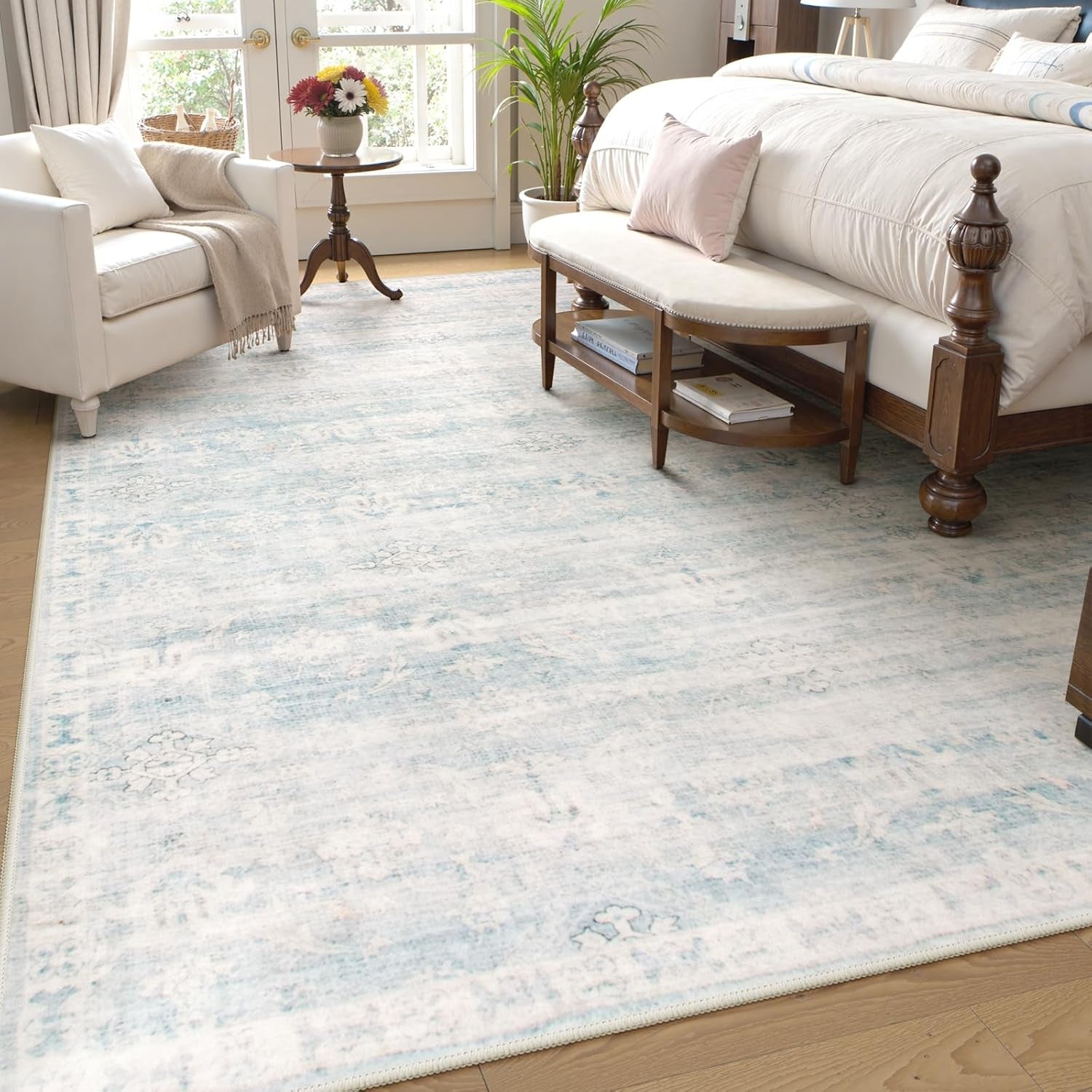 Blue Rugs for Living Room, 8X10 Distressed Light Blue Area Rugs for Bedroom, Stain Resistant Large Carpets for Dining Room, Soft Non Slip Floor Mat for Kids Room