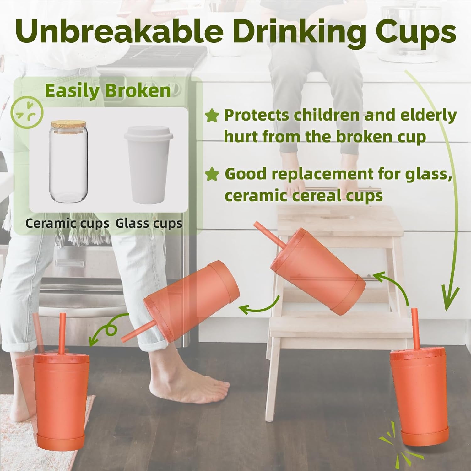 Reusable Wheat Straw Cups with Lids and Silicone Straws, 10 Oz Chip Resistant E-Co Friendly Small Water Cups for Milk, Drinks, Smoothies - 4 Colors