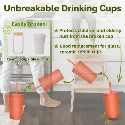 Reusable Wheat Straw Cups with Lids and Silicone Straws, 10 Oz Chip Resistant E-Co Friendly Small Water Cups for Milk, Drinks, Smoothies - 4 Colors