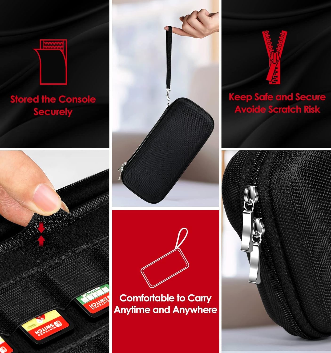 Carrying Case for Nintendo Switch and NEW Switch OLED Model(2021),Portable Hard Shell Pouch Carrying Travel Game Bag for Switch Accessories Holds 10 Game Cartridge (Black)