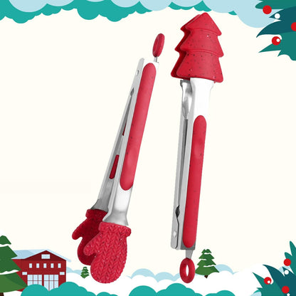 Christmas Kitchen Tongs, 2 Pack 10" Professional Stainless Steel Metal Tongs – Heat-Resistant for Grilling, BBQ, Serving Salad, Pasta, and Kitchen Use, Dishwasher Safe, Red