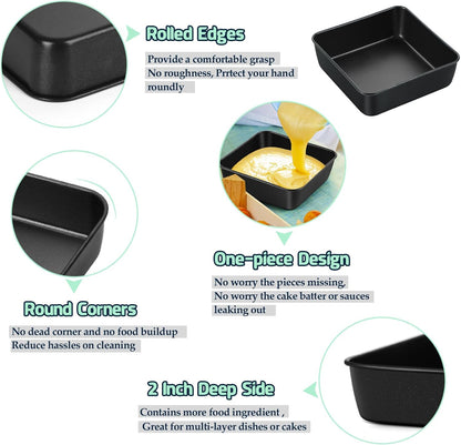 6 Inch Square Cake Pan, Nonstick Square Baking Pan for Cake Brownie Lasagna, Stainless Steel Core for Sturdy Structure, Non-Toxic & Oven Safe, Black, 1Pc