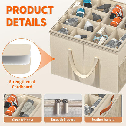 Shoe Storage Organizer for Closet, Large Shoe Box Storage Containers with Clear Cover and Reinforced Handles, Foldable Shoe Storage Organizer Box Bin, Fits to 12-16 Pairs, 2 Pack (Beige)