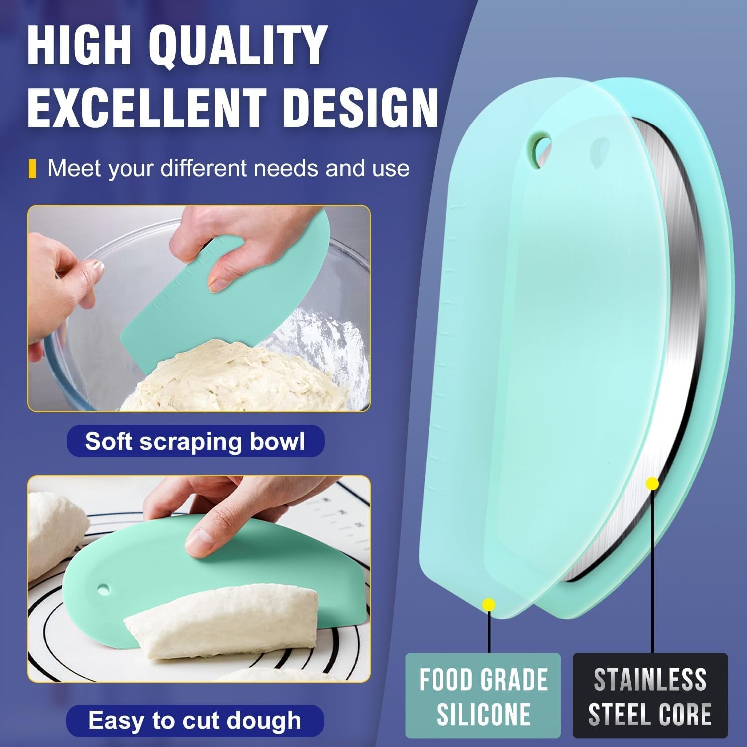 Dough Scraper Set of 3, Flexible Silicone Bowl Spatula, Kitchen Plastic Bench Dough Scraper Tool for Bread Dough, Sourdough, Cake, Fondant Icing, Blue & Teal/Aqua…