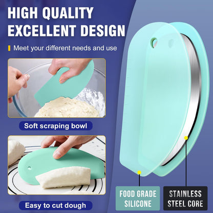 Dough Scraper Set of 3, Flexible Silicone Bowl Spatula, Kitchen Plastic Bench Dough Scraper Tool for Bread Dough, Sourdough, Cake, Fondant Icing, Blue & Teal/Aqua…